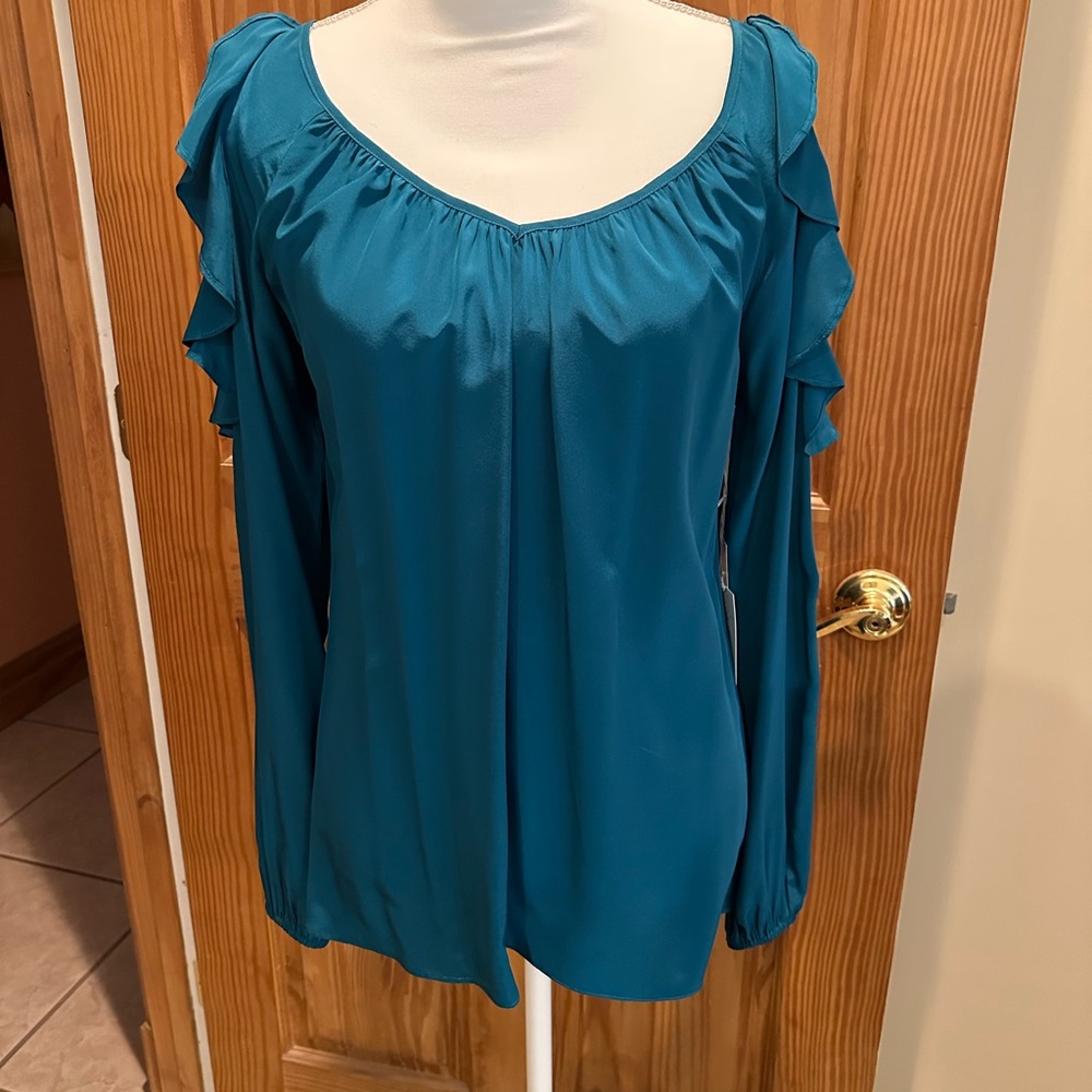 Ruffle Cold Shoulder Sleeve Peacock Blue Women's Top
